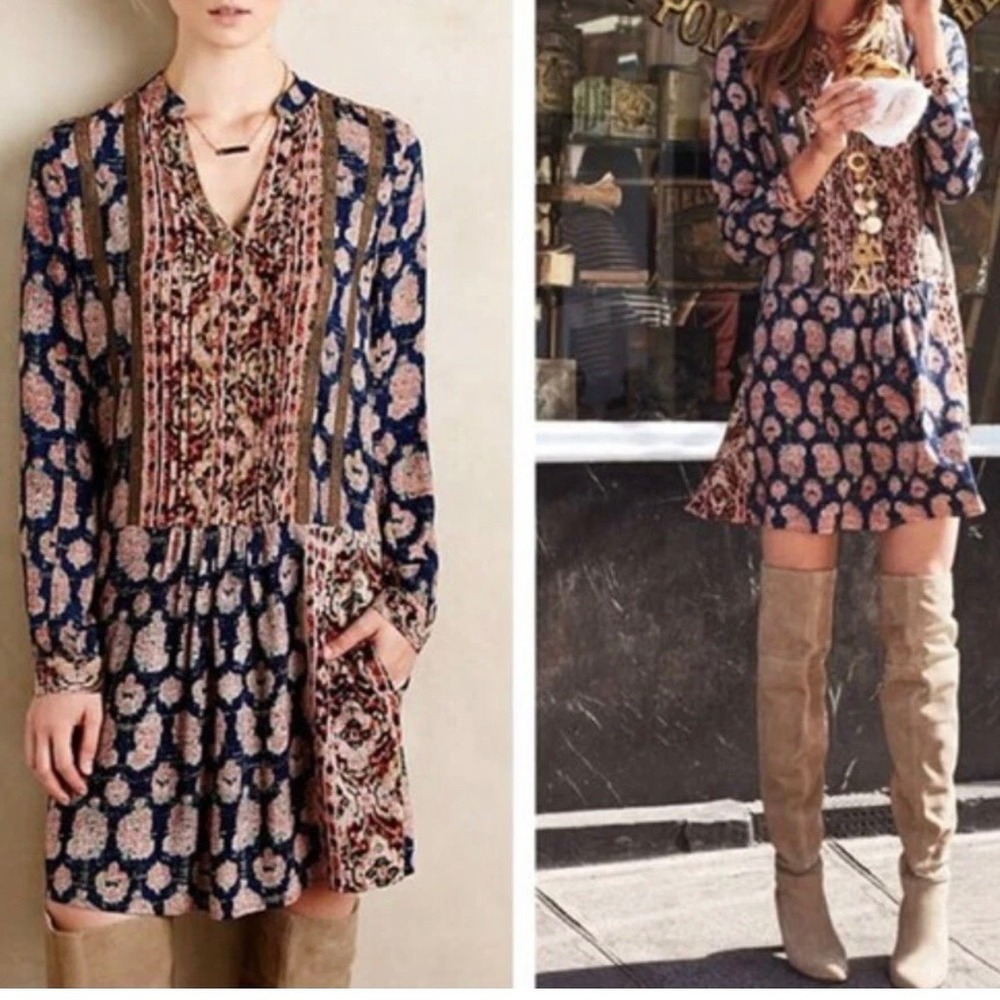 Anthropologie Boho Mixed Paisley Pintuck Mini Dress Oversized Festival Peasant